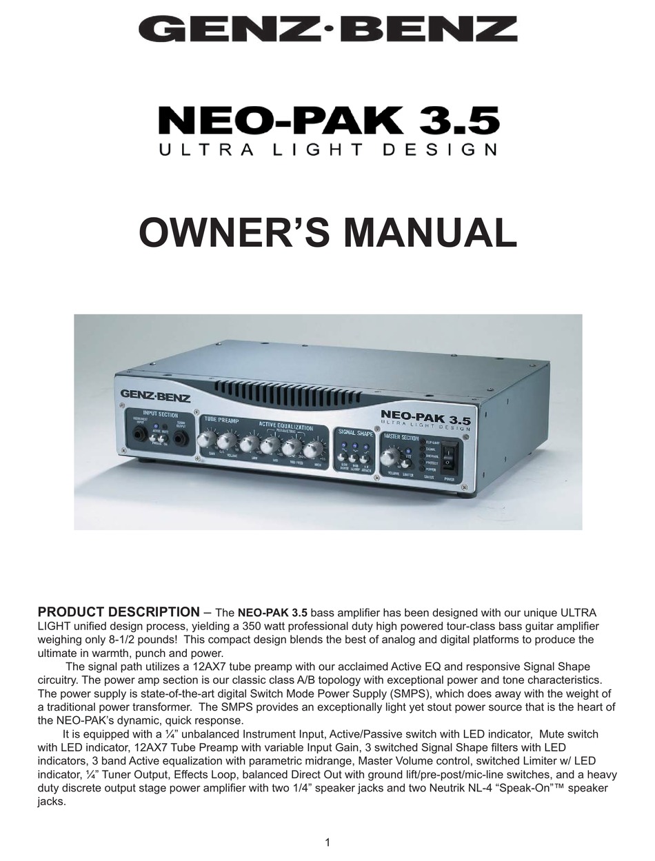 Genz Benz Neo Pak 3 5 Amplifier Owner S Manual Manualslib