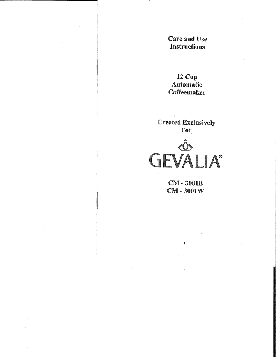 GEVALIA CM-3001 COFFEE MAKER CARE AND 