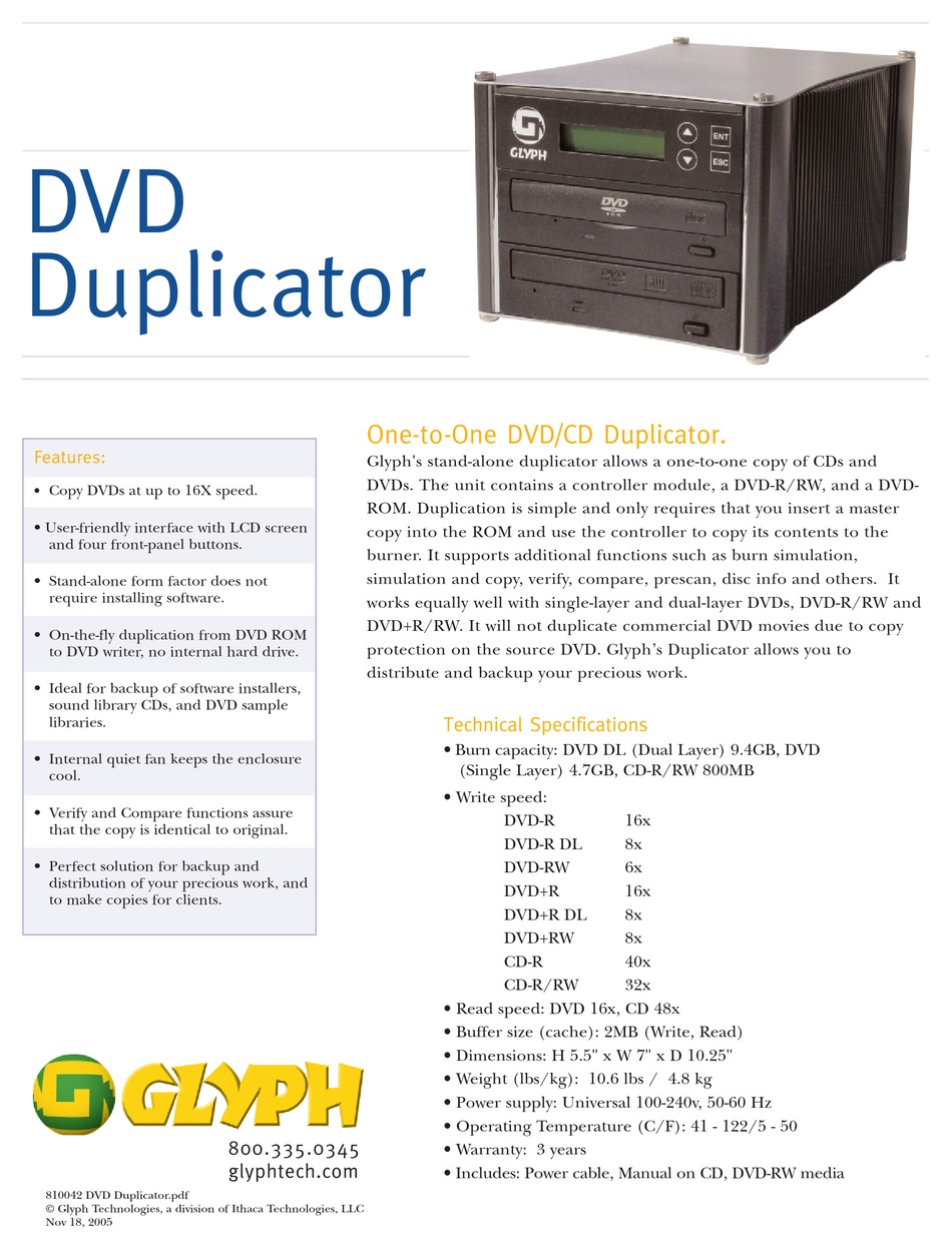 GLYPH GLDP216X DISC DUPLICATOR TECHNICAL SPECIFICATIONS ManualsLib
