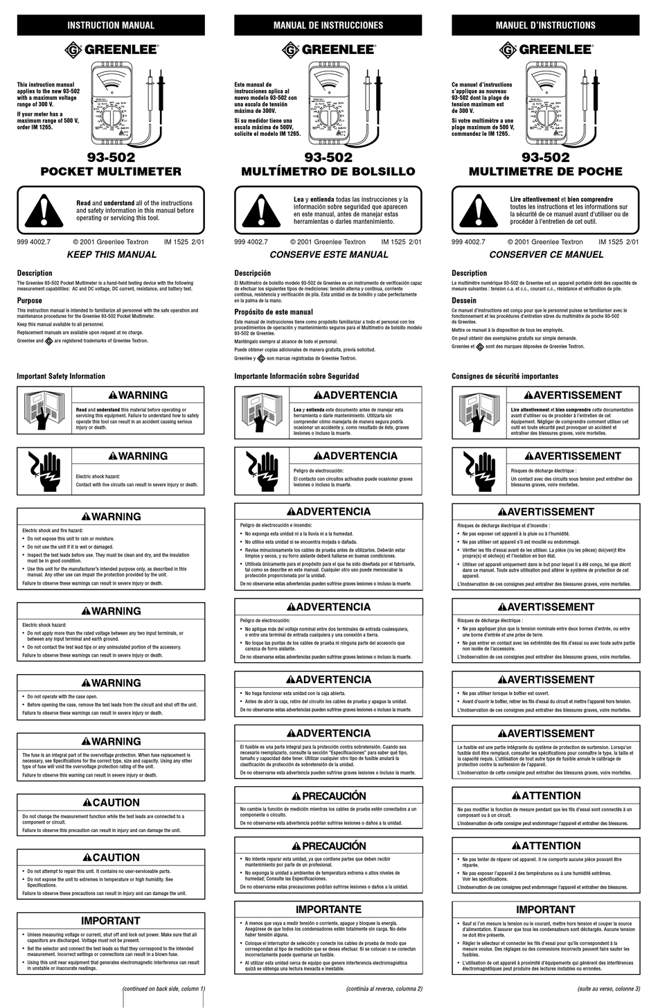 GREENLEE 93-502 MULTIMETER INSTRUCTION MANUAL | ManualsLib