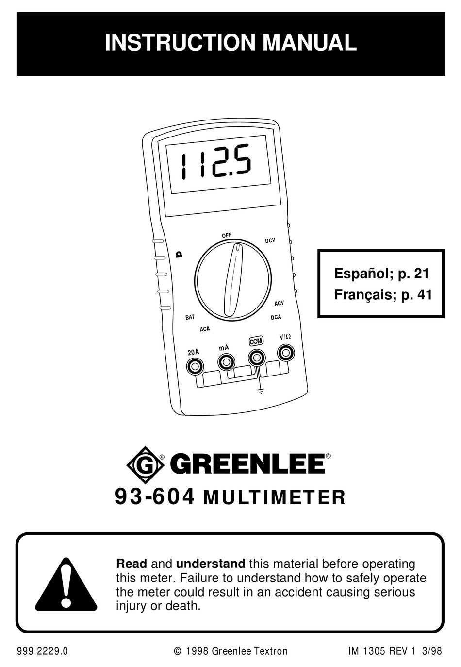 GREENLEE 93604 MULTIMETER INSTRUCTION MANUAL ManualsLib