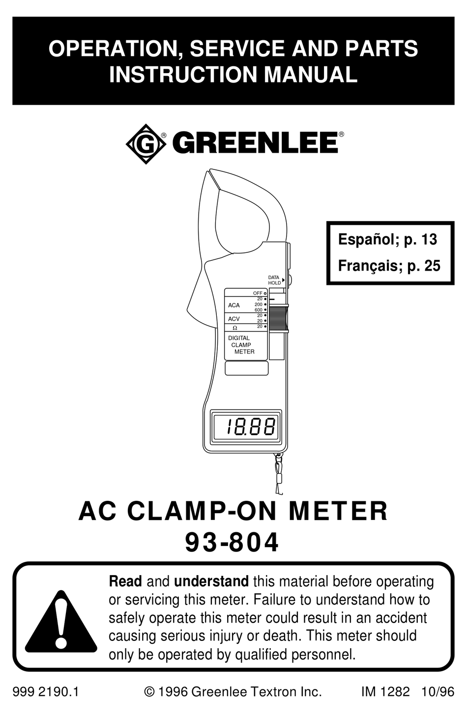 GREENLEE 93-804 OPERATION, SERVICE AND PARTS INSTRUCTION MANUAL Pdf