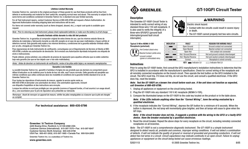 Greenlee - GT-10GFI - TESTER,CIRCUIT-GFI (GT-10GFI) - RS