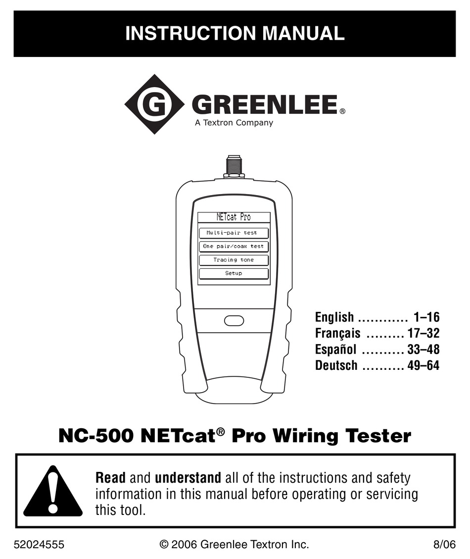 GREENLEE NETCAT NC500 CABLE TESTER INSTRUCTION MANUAL ManualsLib