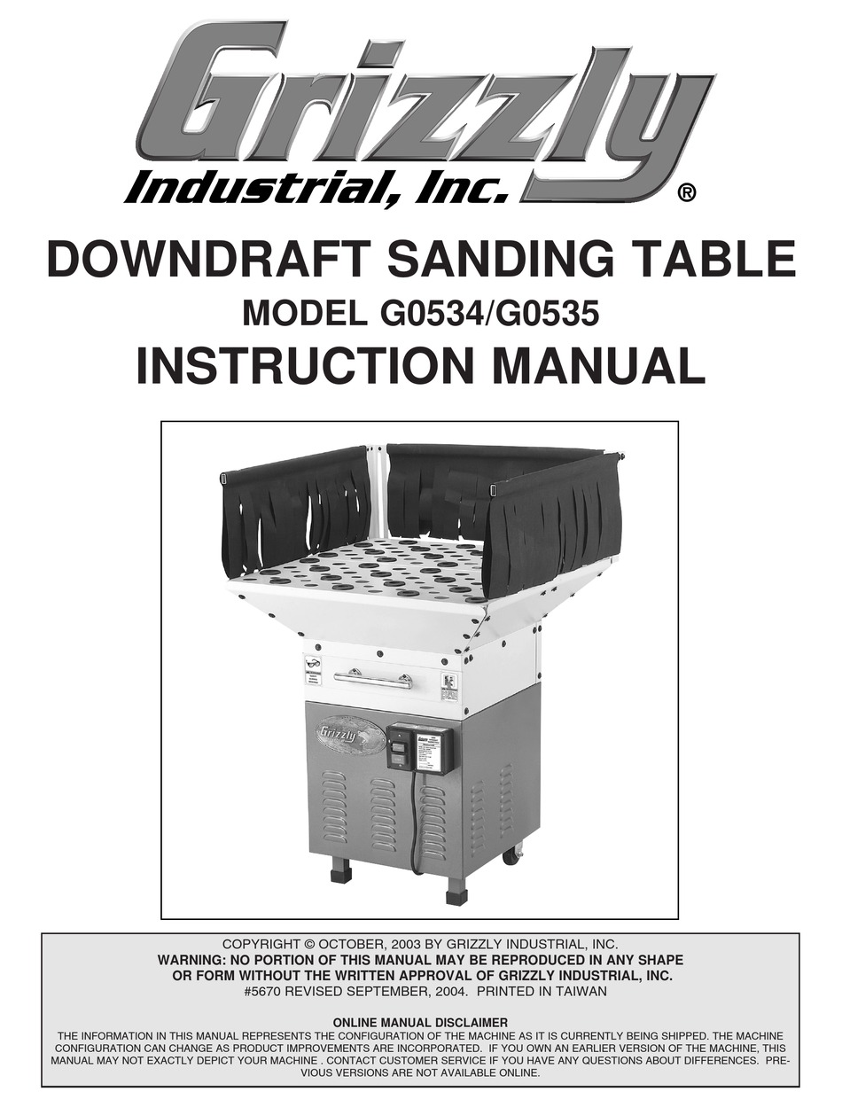 GRIZZLY G0534 SANDER INSTRUCTION MANUAL ManualsLib