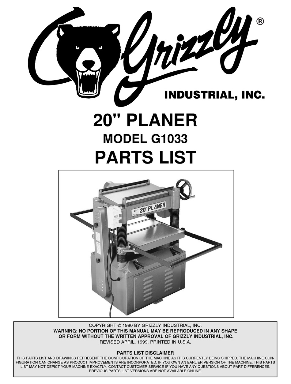 GRIZZLY G1033 PLANER PARTS LIST | ManualsLib