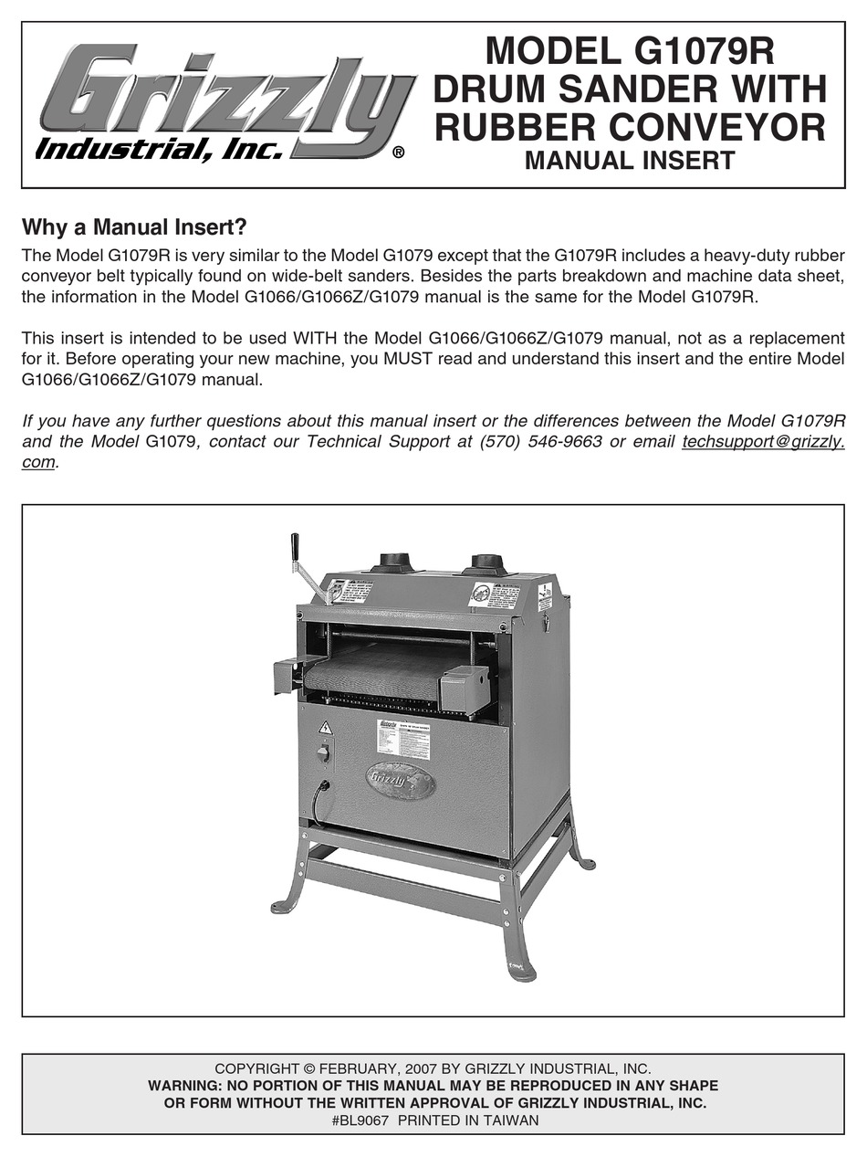 GRIZZLY G1079R SANDER MANUAL INSERT 