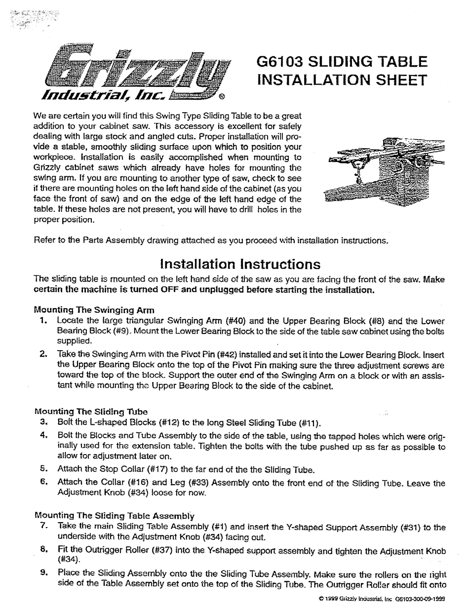 GRIZZLY G6103 POWER TOOL INSTALLATION SHEET ManualsLib