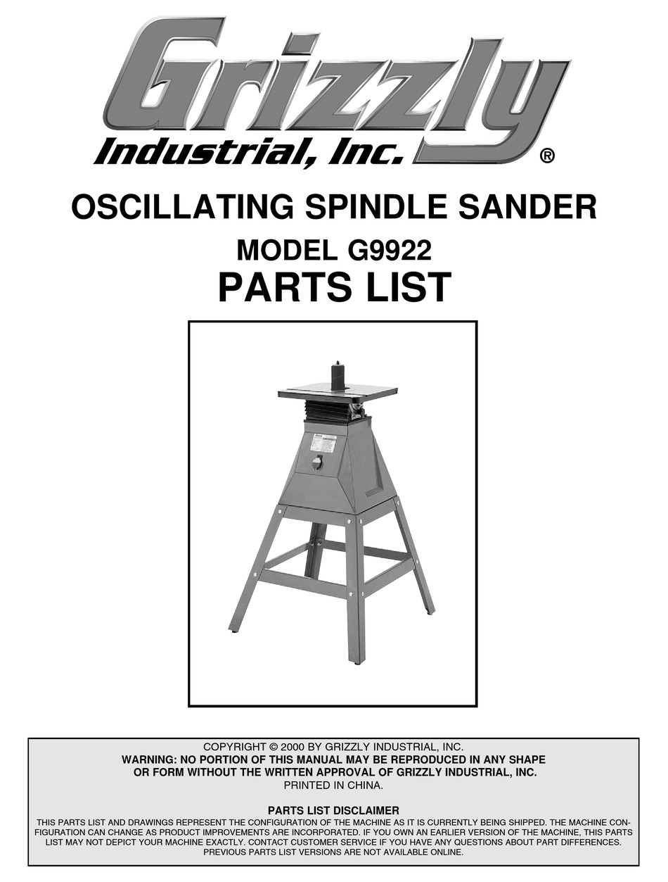 GRIZZLY G9922 SANDER PARTS LIST ManualsLib