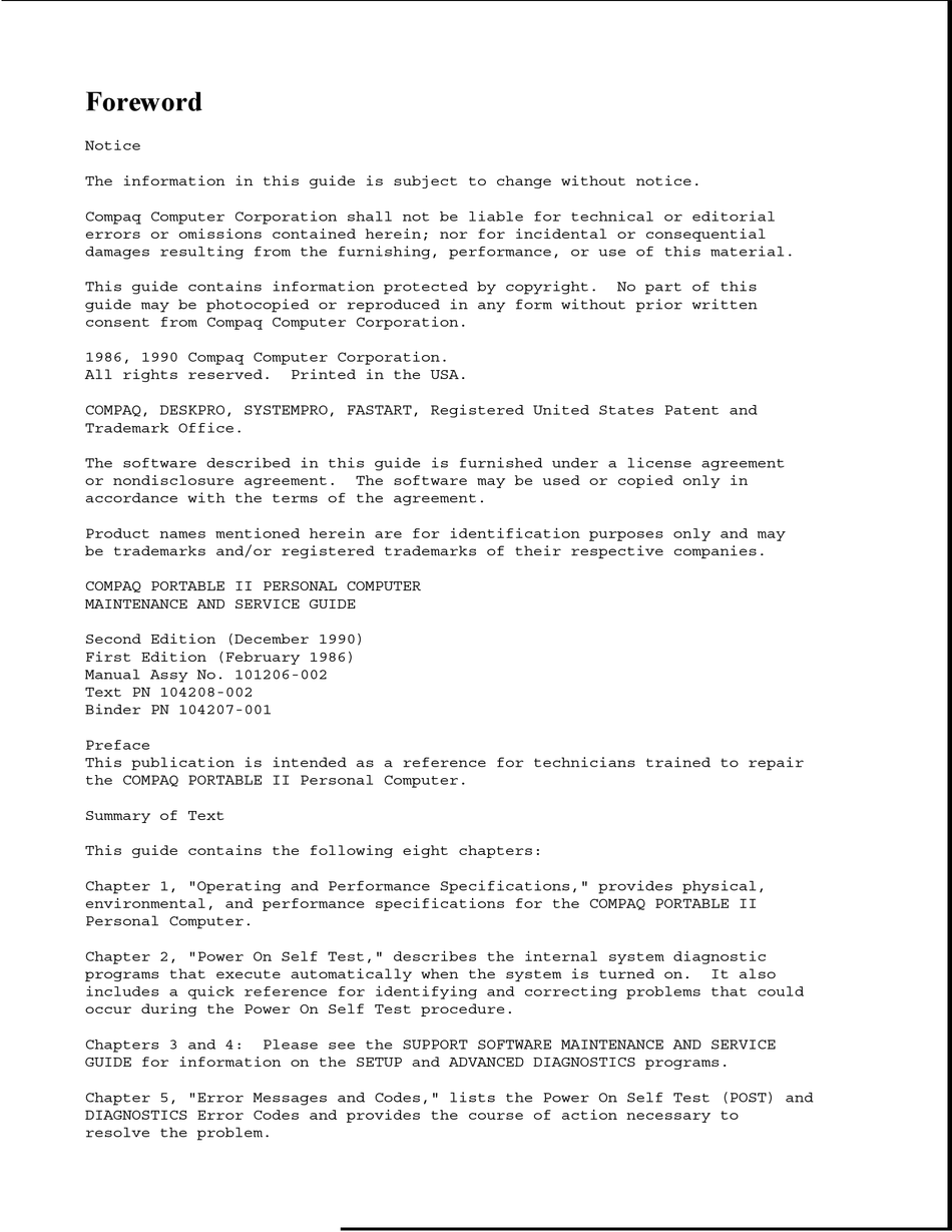 COMPAQ PORTABLE II DESKTOP MAINTENANCE AND SERVICE MANUAL ManualsLib