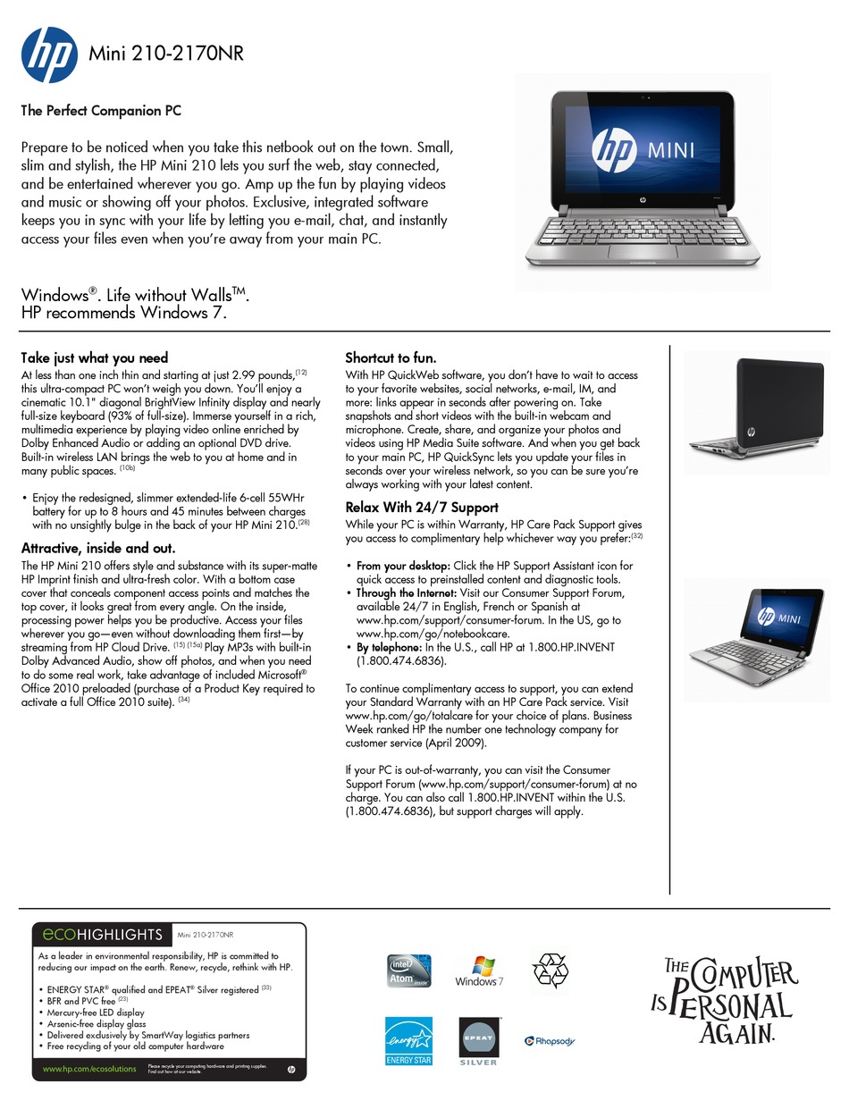 HP MINI 2102170 NETBOOK SPECIFICATIONS ManualsLib