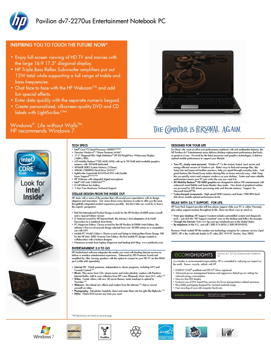 Hp Pavilion Dv7 2270 Laptop Specifications Manualslib