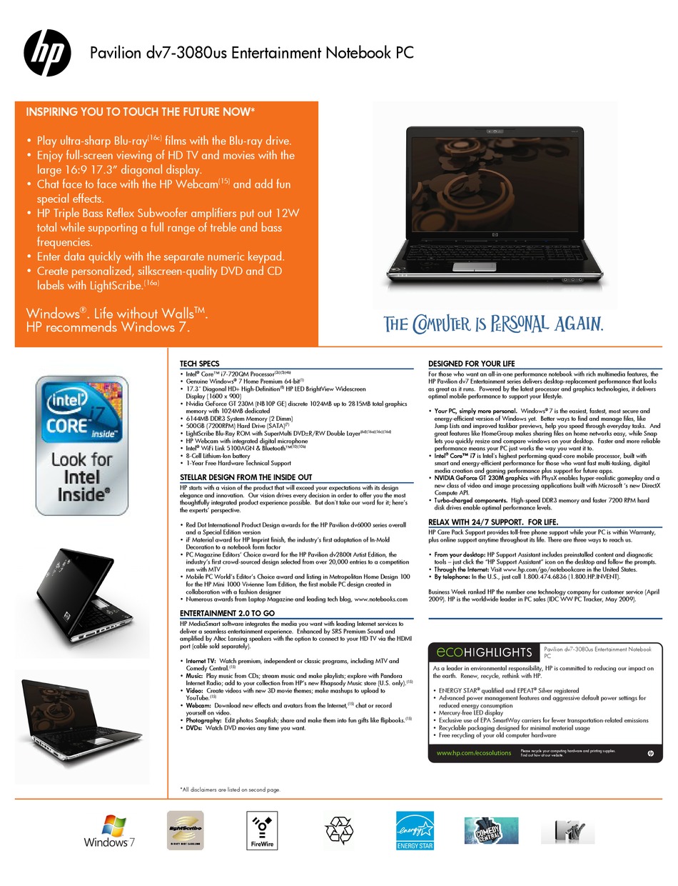HP PAVILION DV7-3080 SPECIFICATIONS Pdf Download | ManualsLib