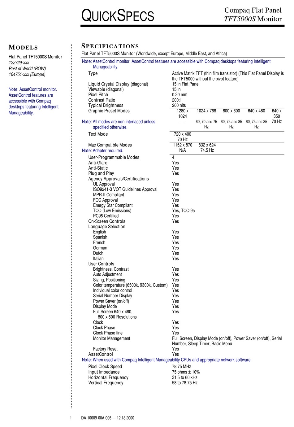 COMPAQ TFT5000S MONITOR QUICKSPECS | ManualsLib