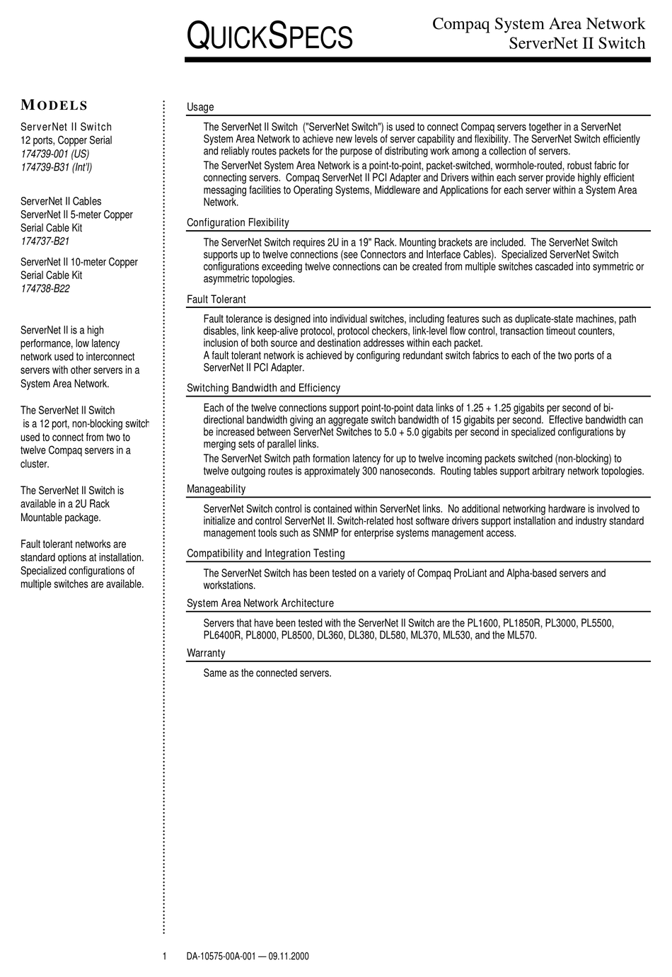 COMPAQ SERVERNET SERVERNET II SWITCH SPECIFICATIONS | ManualsLib