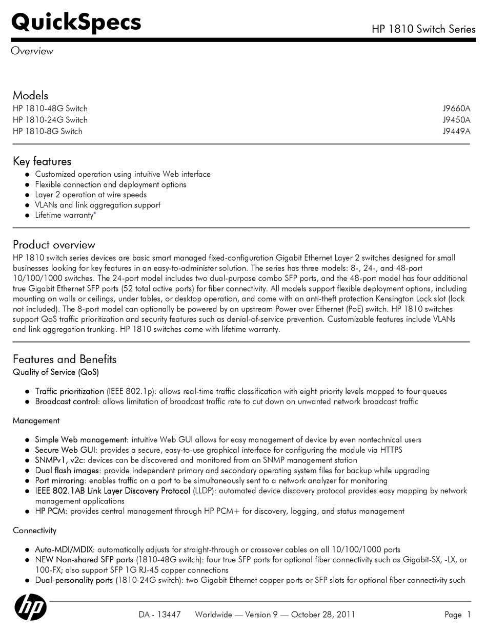 HP V1810-48G SWITCH QUICKSPECS | ManualsLib