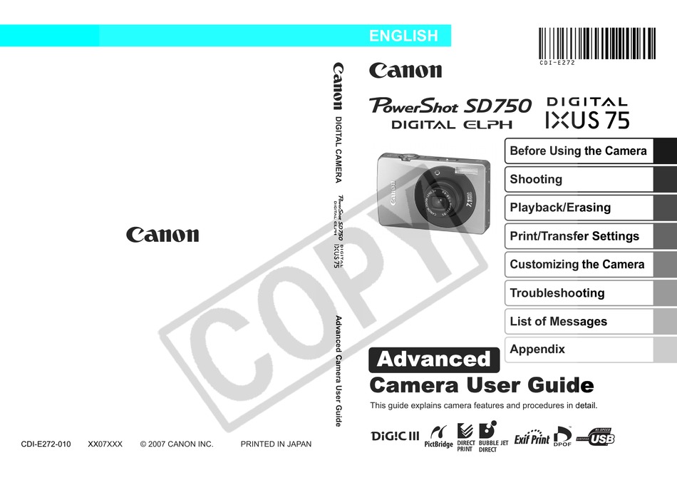 Canon Powershot Sd750 User Guide Advanced Digital Camera User Manual Manualslib