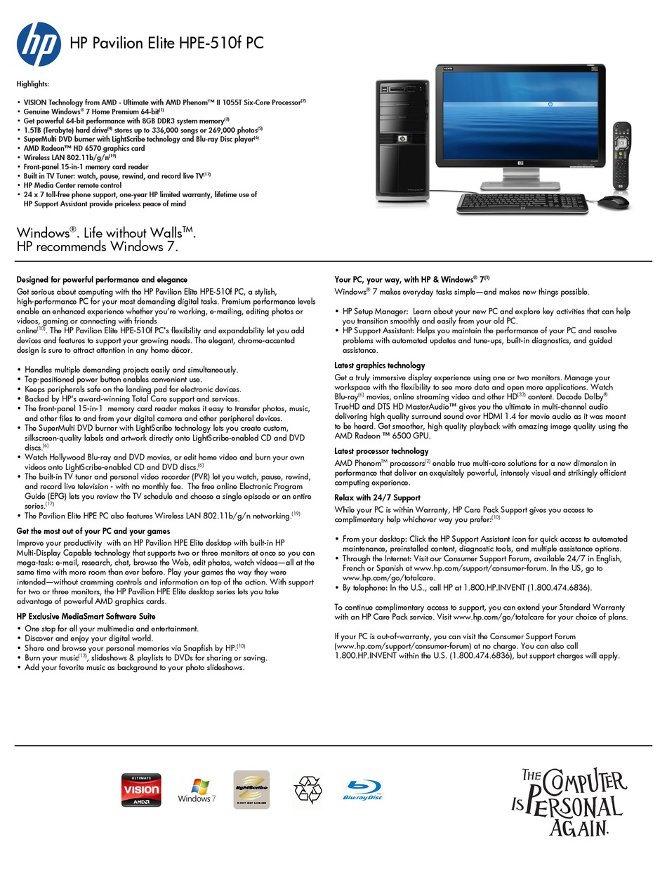 Hp Pavilion Elite Hpe 510 Specifications Pdf Download Manualslib