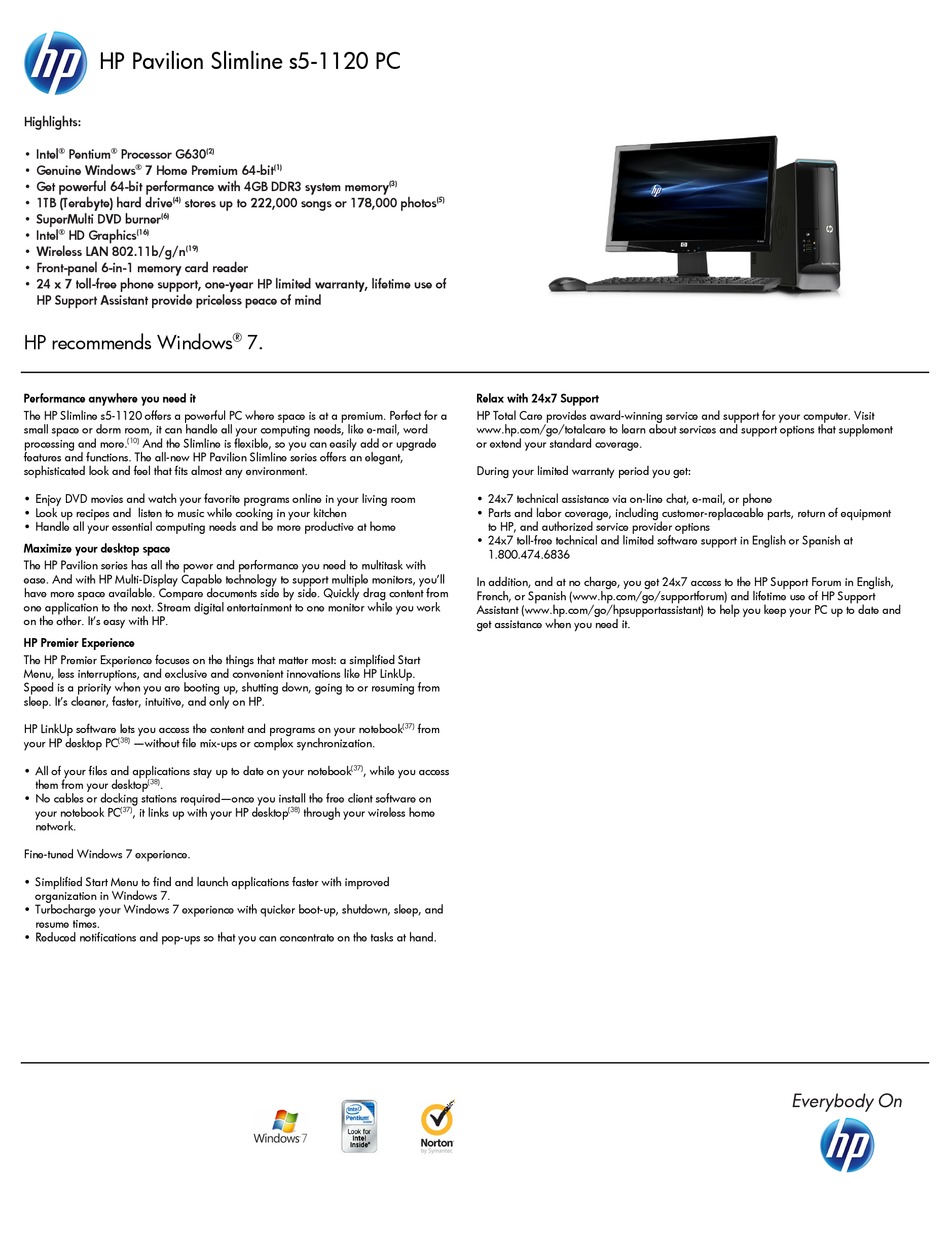 Hp Pavilion Slimline S5 1120 Desktop Specifications Manualslib 2184