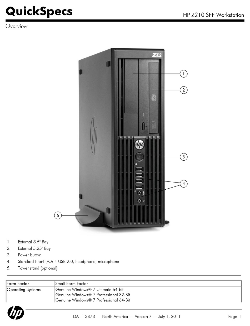HP WORKSTATION Z210 SFF DESKTOP SPECIFICATION | ManualsLib