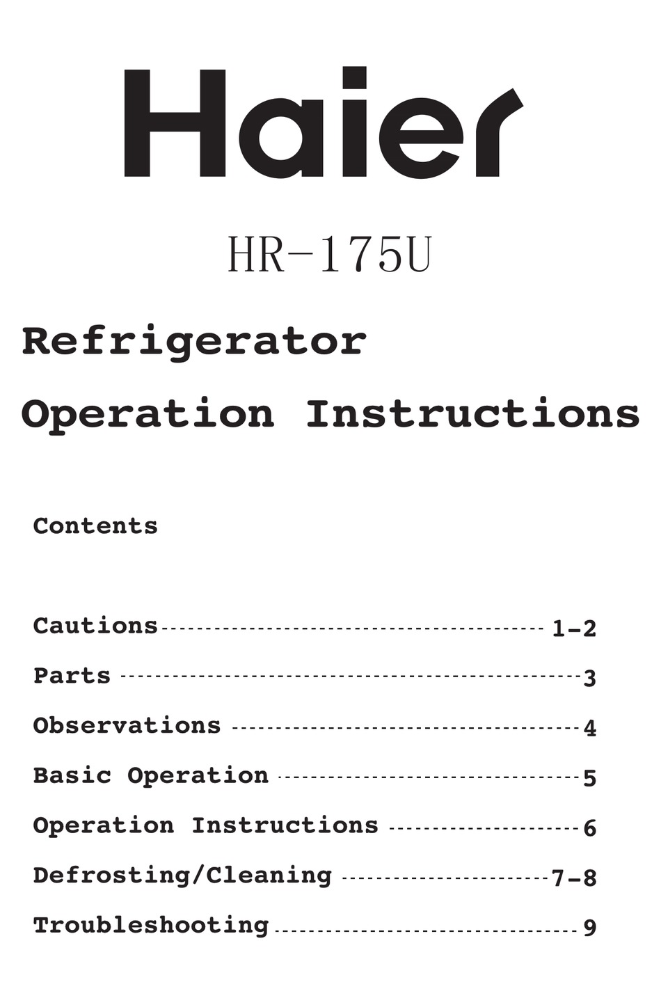 HAIER HR175U REFRIGERATOR OPERATION INSTRUCTIONS MANUAL ManualsLib
