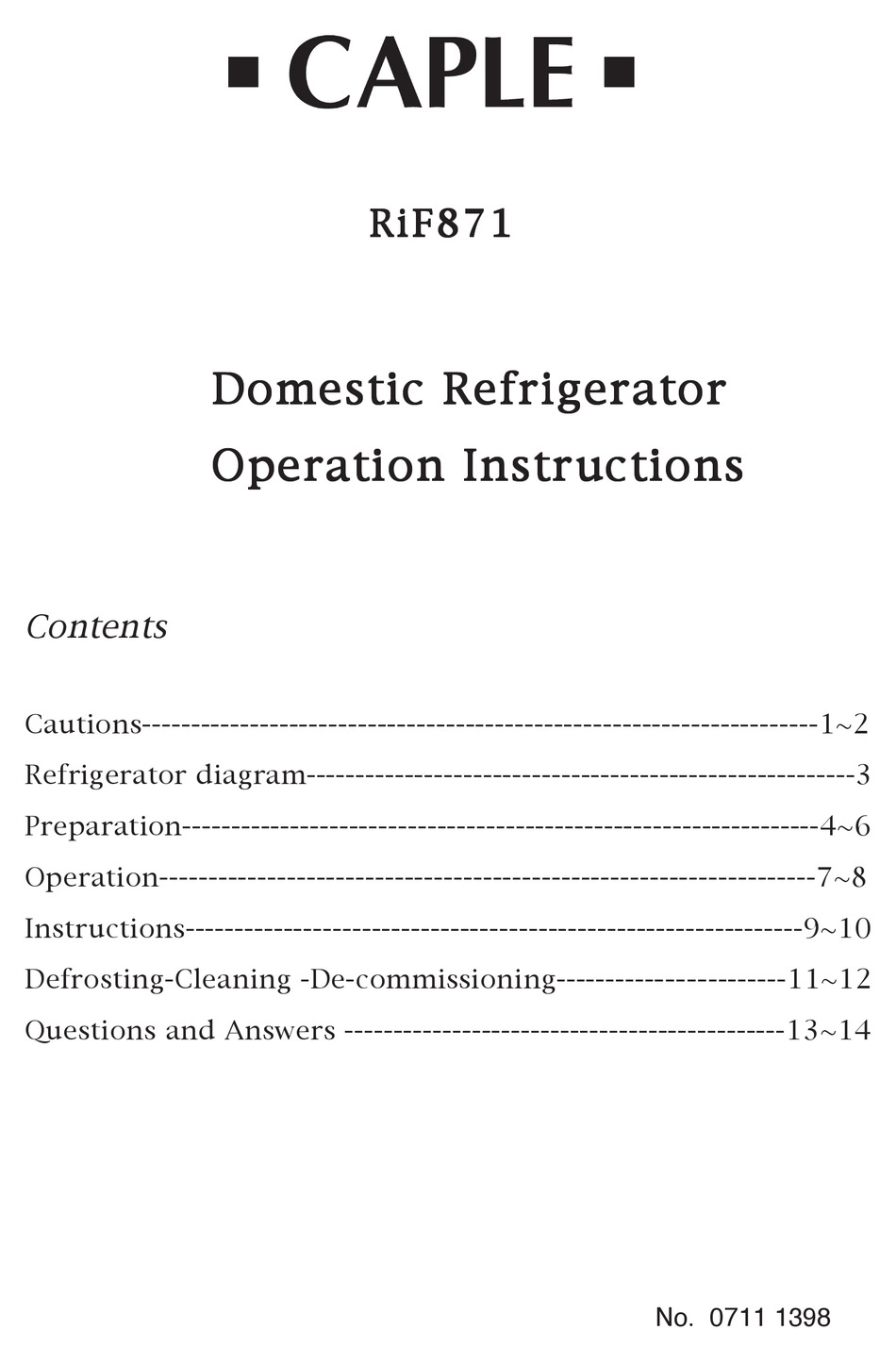 CAPLE RIL871 REFRIGERATOR OPERATION INSTRUCTIONS MANUAL ManualsLib