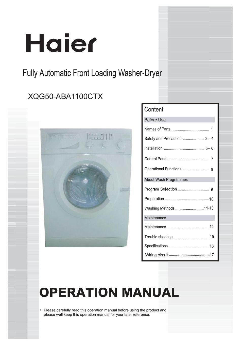 HAIER XQG50-AB1100CTX OPERATION MANUAL Pdf Download | ManualsLib