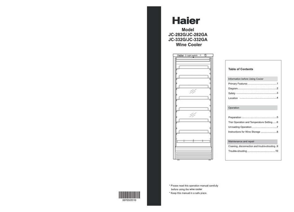 HAIER JC282G WINE COOLER USER MANUAL ManualsLib
