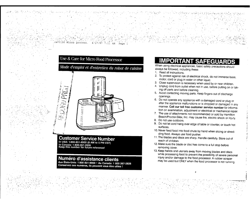 HAMILTON BEACH/PROCTOR SILEX 70150 FOOD PROCESSOR USE AND CARE MANUAL ManualsLib