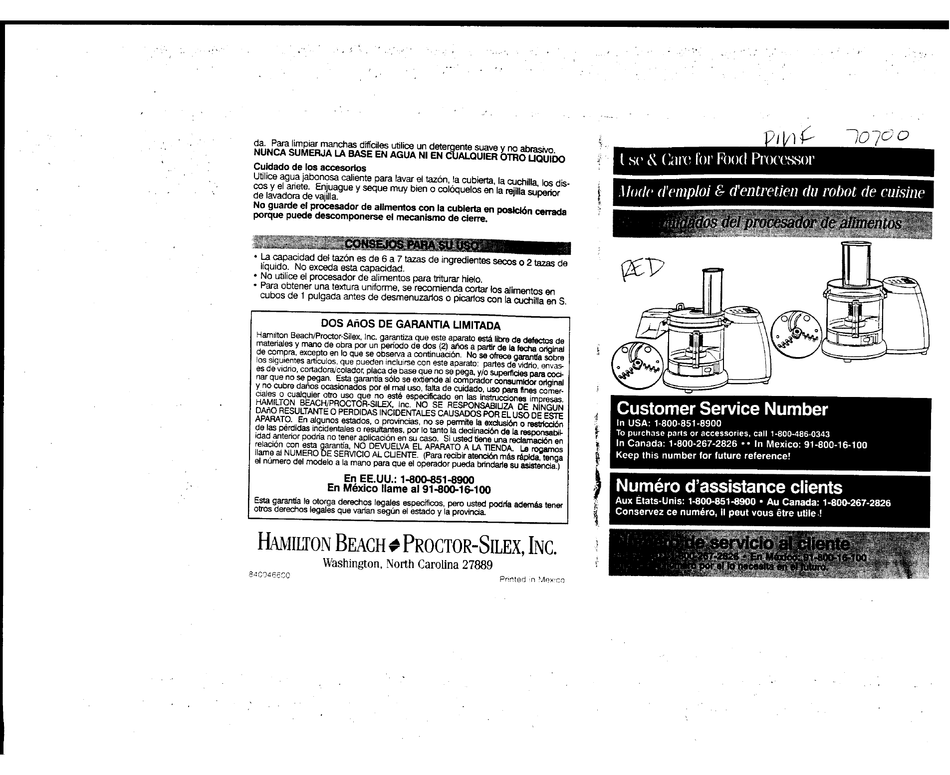 HAMILTON BEACH/PROCTOR SILEX 70600 FOOD PROCESSOR USE & CARE MANUAL ...