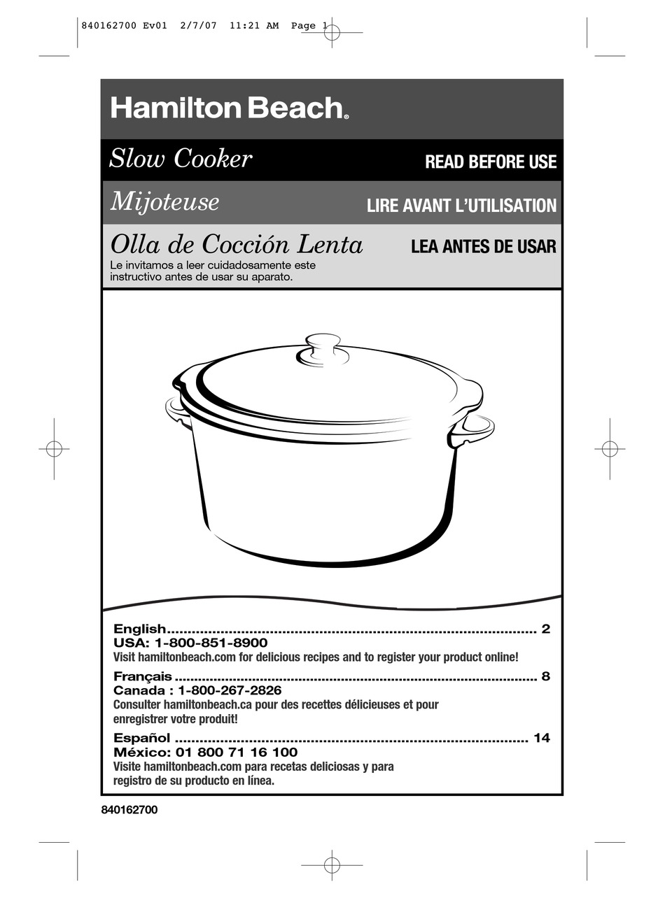 HAMILTON BEACH 33157C SLOW COOKER USER MANUAL ManualsLib