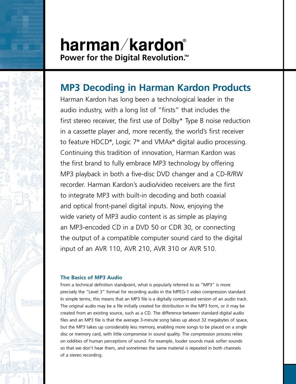 HARMAN KARDON AVR 110 RECEIVER BROCHURE ManualsLib