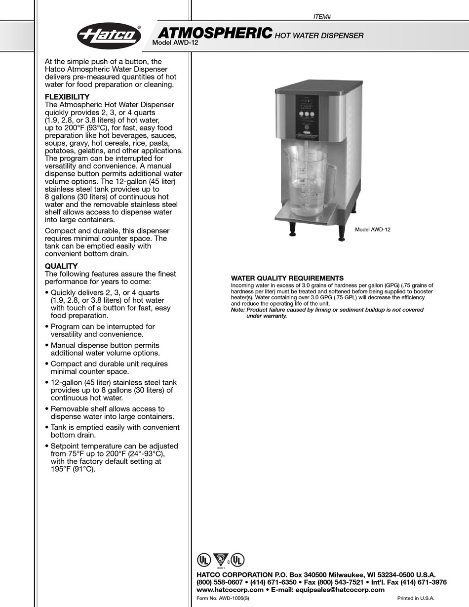 HATCO ATMOSPHERIC AWD12 DISPENSER SPECIFICATIONS ManualsLib