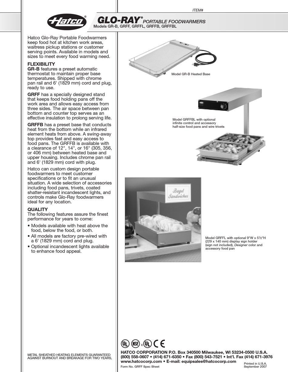 HATCO GRFF FOOD WARMER SPECIFICATIONS ManualsLib