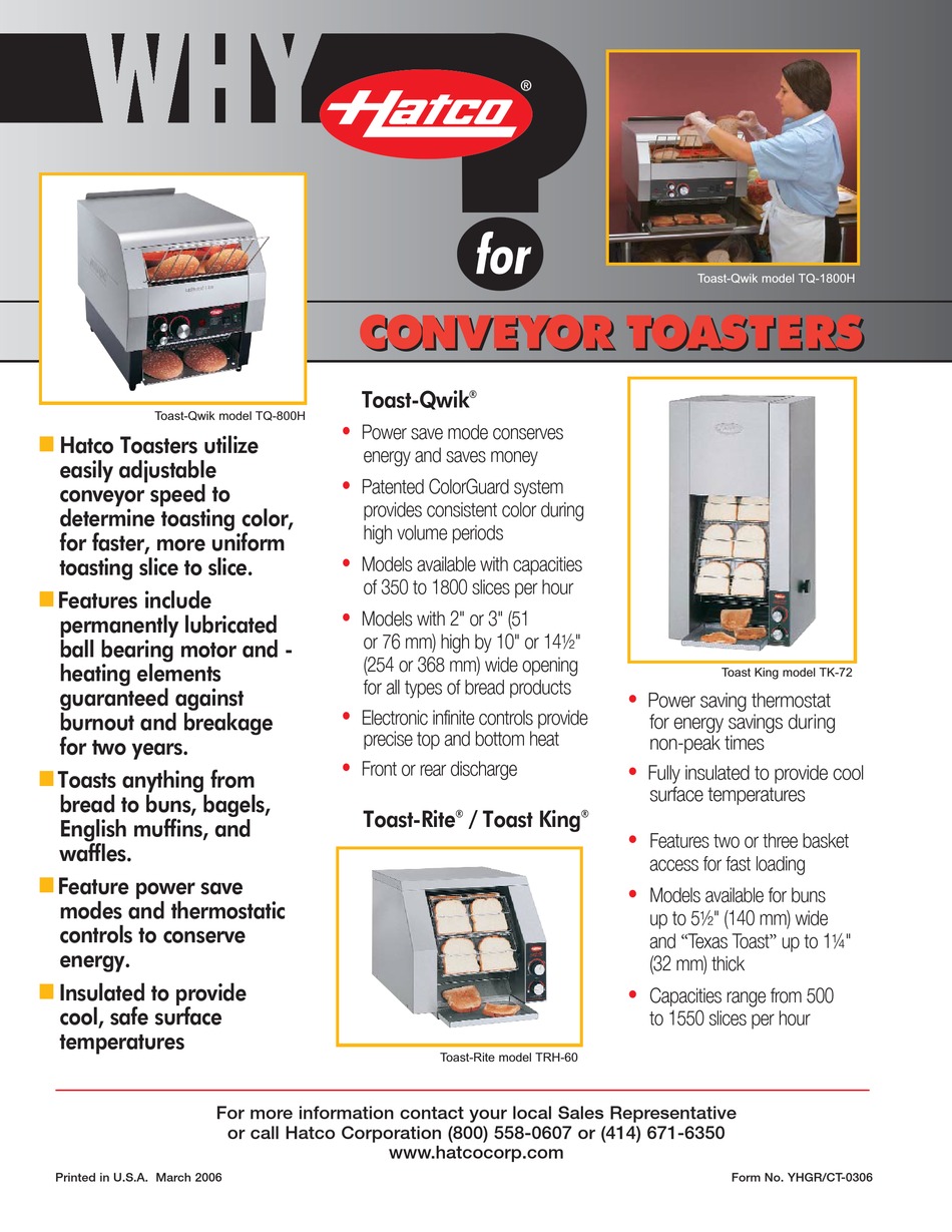 HATCO TOAST KING TK72 TOASTER DATASHEET ManualsLib