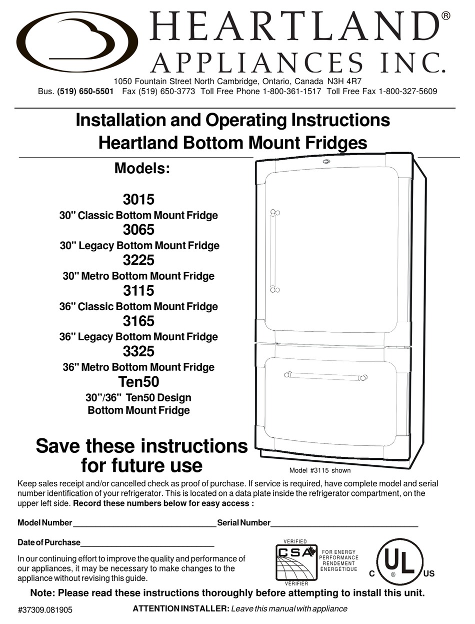 HEARTLAND CLASSIC 3115 REFRIGERATOR INSTALLATION AND OPERATING