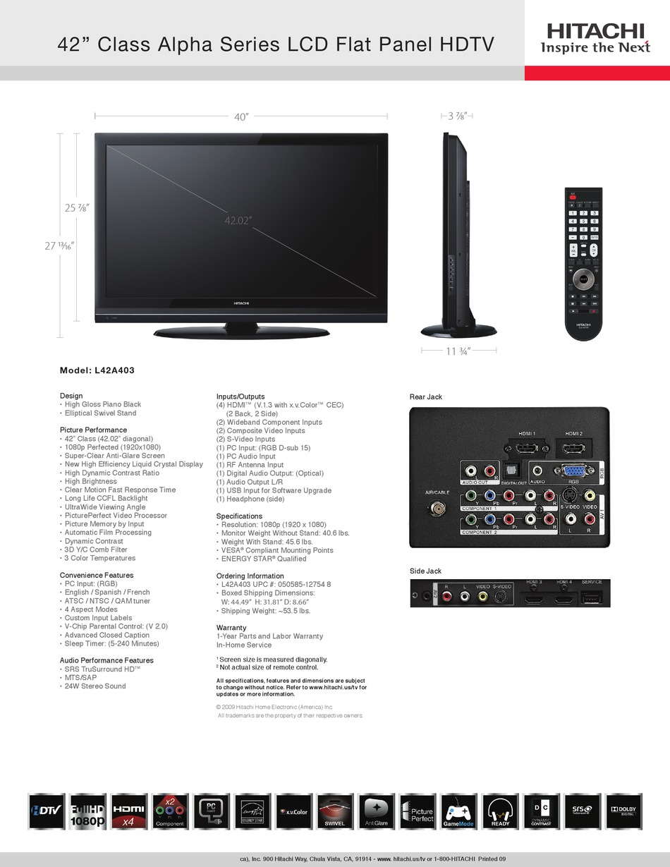 HITACHI L42A403 HDTV SPECIFICATIONS ManualsLib