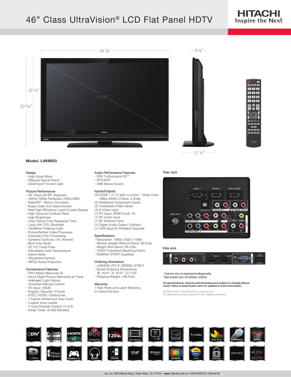 HITACHI ULTRAVISION L46S603 SPECIFICATIONS Pdf Download | ManualsLib