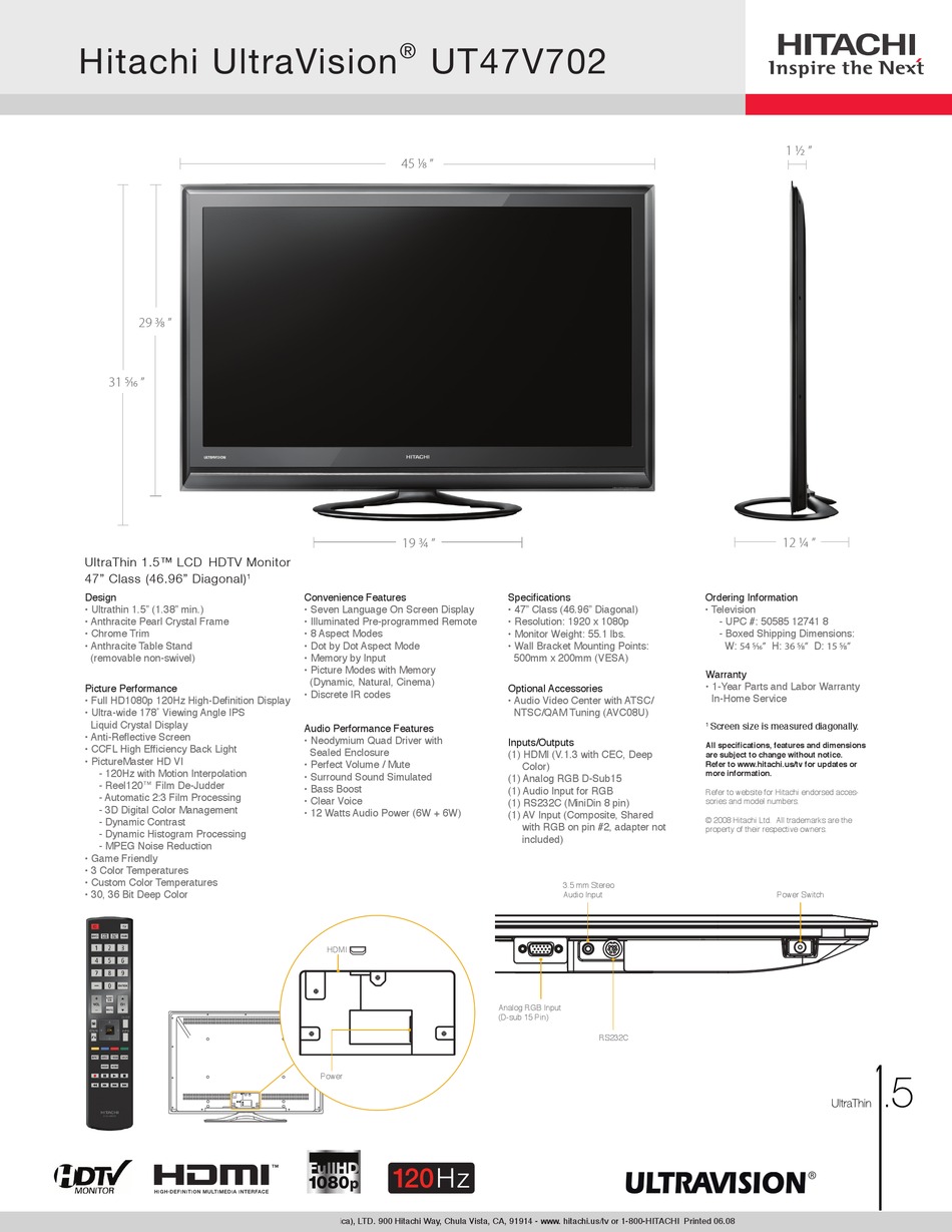 HITACHI ULTRAVISION UT47V702 LCD TV SPECIFICATIONS ManualsLib
