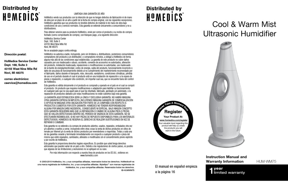 HOMEDICS HUMWM75 HUMIDIFIER INSTRUCTION MANUAL AND WARRANTY INFORMATION ManualsLib