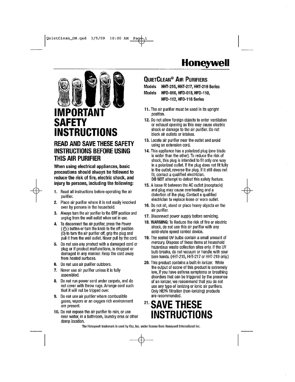 Honeywell Quietclean Hfd 110 Series Air Cleaner User Manual Manualslib