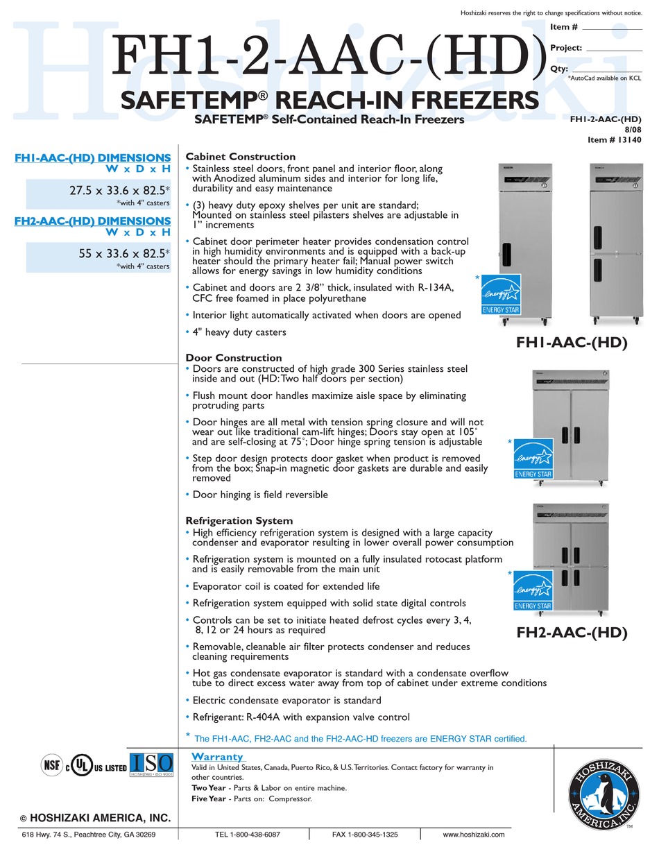 HOSHIZAKI SAFETEMP FH1AAC FREEZER SPECIFICATIONS ManualsLib
