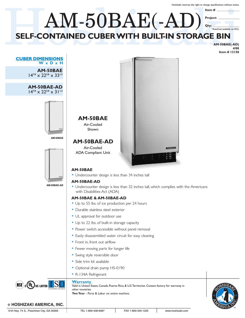 HOSHIZAKI AM50BAE ICE MAKER SPECIFICATIONS ManualsLib