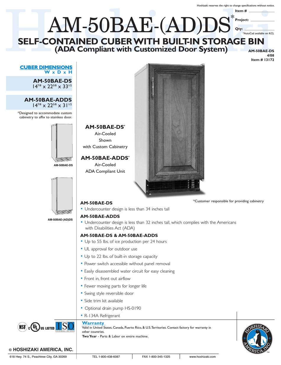 HOSHIZAKI AM50BAEADDS ICE MAKER SPECIFICATIONS ManualsLib