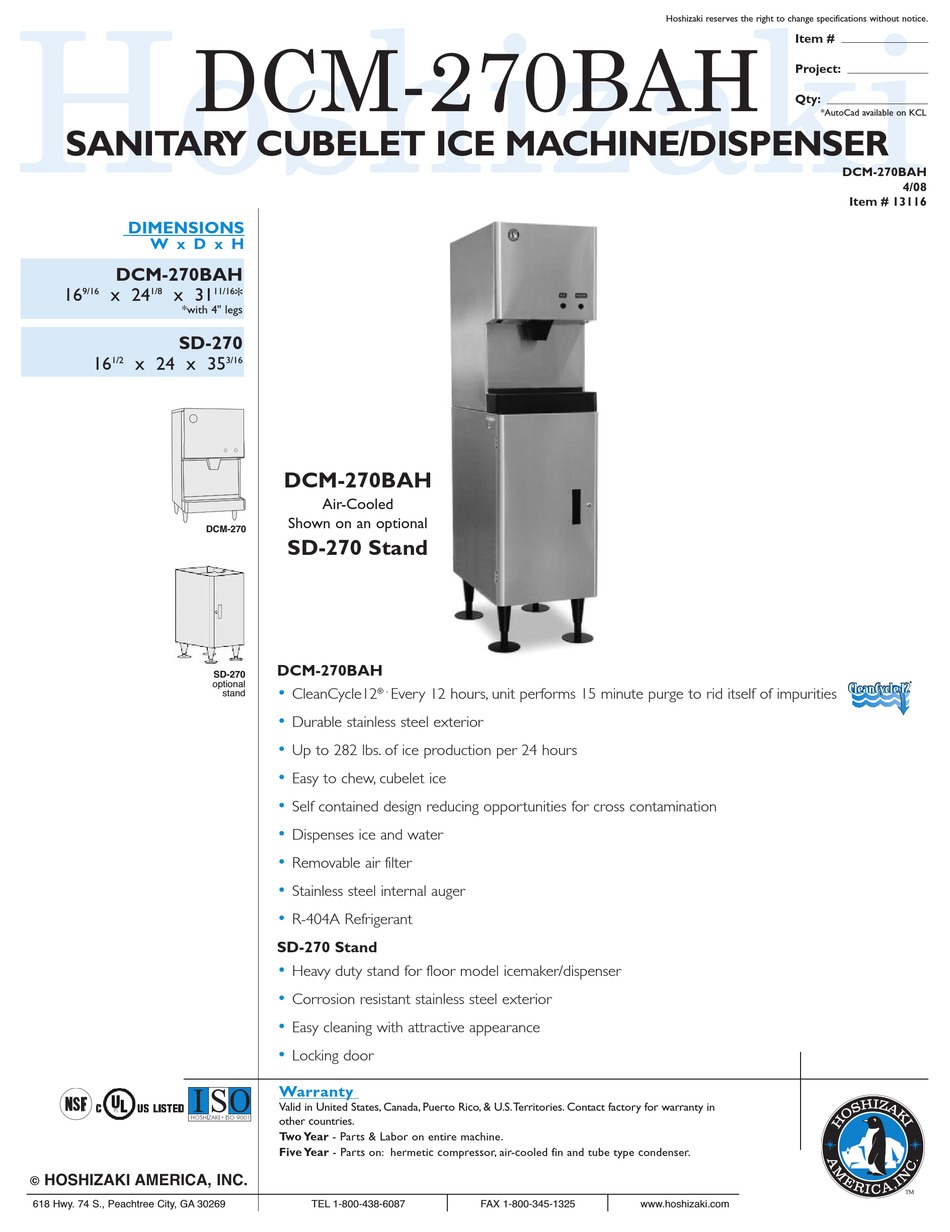 HOSHIZAKI DCM270BAH ICE MAKER SPECIFICATIONS ManualsLib