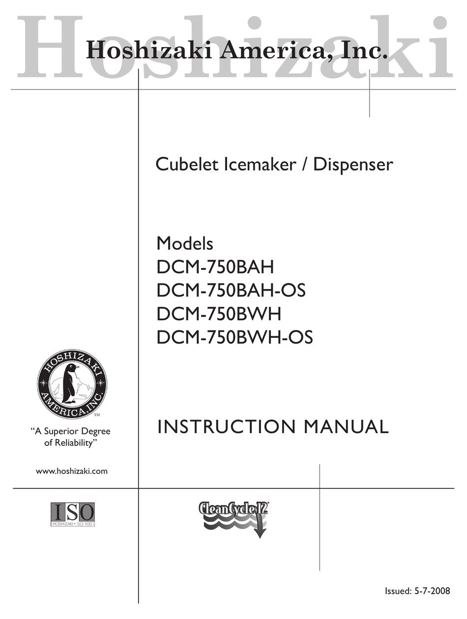 HOSHIZAKI DCM750BAH ICE MAKER INSTRUCTION MANUAL ManualsLib