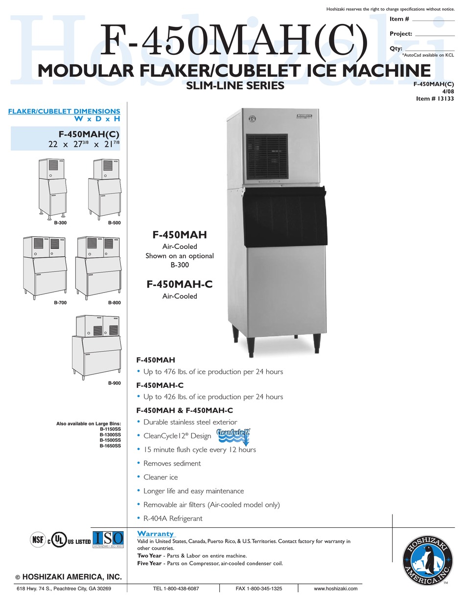 HOSHIZAKI F450MAH ICE MAKER SPECIFICATIONS ManualsLib