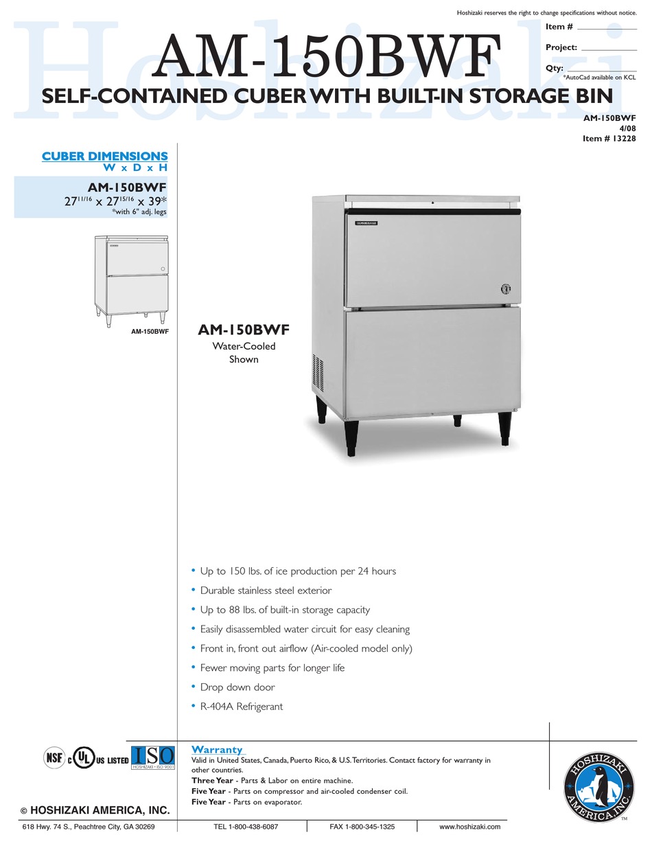 HOSHIZAKI KM150BWF ICE MAKER SPECIFICATIONS ManualsLib