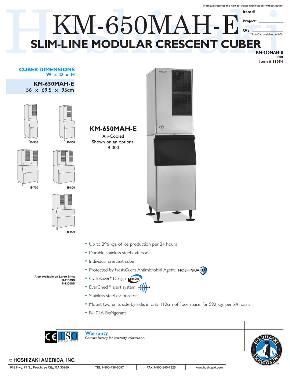 HOSHIZAKI KM650MAHE ICE MAKER SPECIFICATIONS ManualsLib