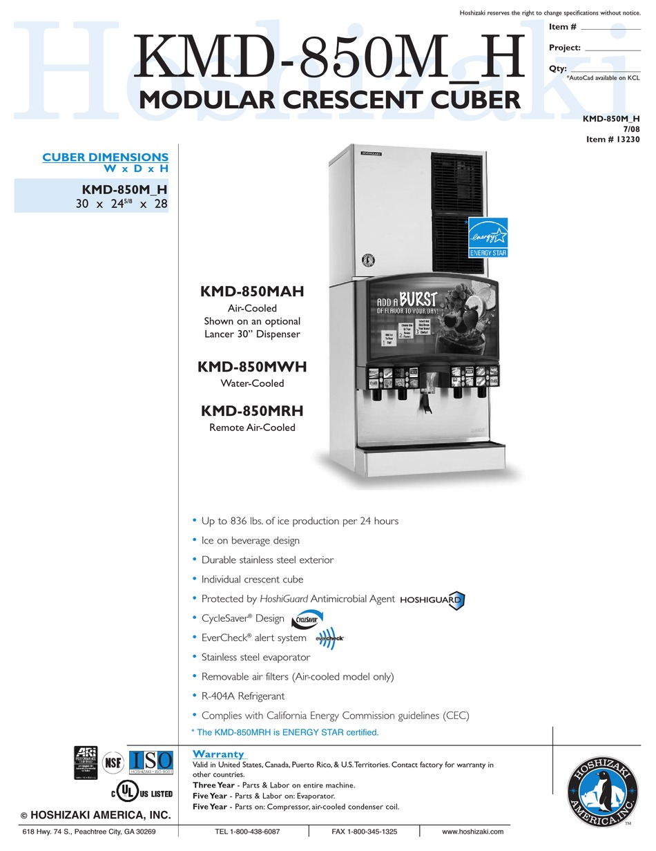 HOSHIZAKI KMD850MAH ICE MAKER SPECIFICATIONS ManualsLib